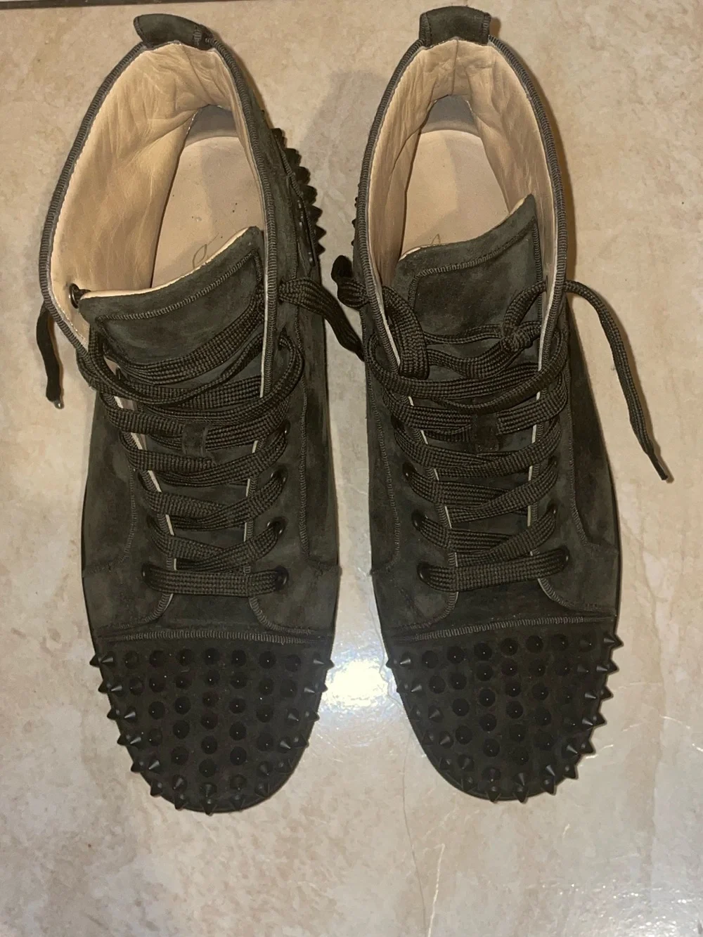 Olive green spiked Christian Louboutin Suede High Top Sneakers
